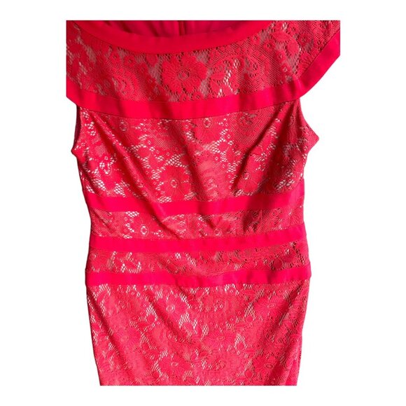 Adrianna Papell Size 6 Red/Orange Cap Sleeve Lace Overlay Sheath Wide Neck Dress - Picture 4 of 6